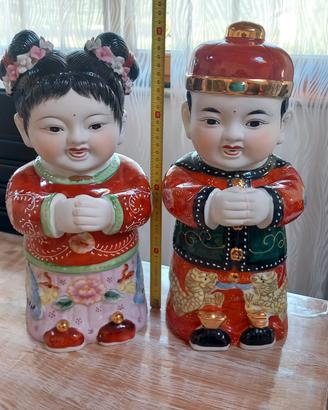 Coppia Statue Cinesi Porcellana 41cm Jintong Yunu