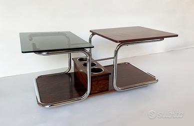 Tavolino Vintage - vetro fumé, acciaio e legno