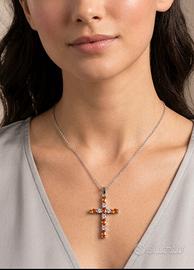 Collana in Acciaio con Croce e Pietre Amber