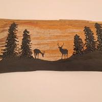 Quadro da montagna in legno vecchio: cervi e bosco