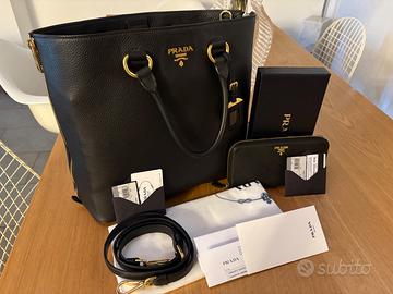 Prada shopping bag+portafoglio pelle vitello nera