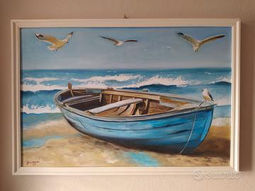 quadro dipinto a mano paesaggio marina con barca