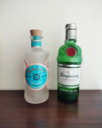 Bottiglie Gin Malfy e Tanqueray vuote
