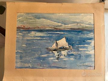 Quadro acquarello su carta. Barca a vela sul mare.