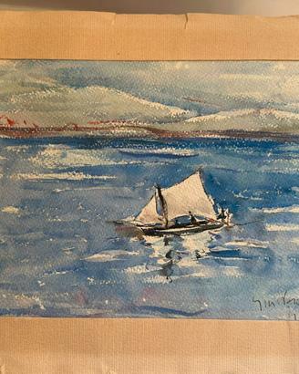 Quadro acquarello su carta. Barca a vela sul mare.