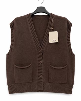 Gilet Donna Marrone Com Bottoni e Tasche Taglia U