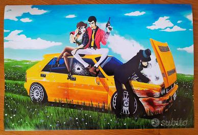 Stampa d'autore dipinto "LUPIN & LANCIA DELTA EVO"