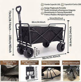 Carrello Pieghevole XXL 200L con Ruote XL e Freni
