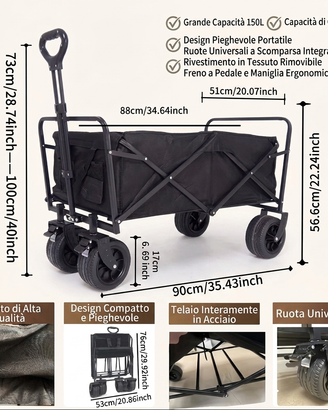 Carrello Pieghevole XXL 200L con Ruote XL e Freni