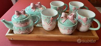Set te 4 mug teiera biscottiera zuccheriera shabby
