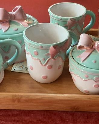 Set te 4 mug teiera biscottiera zuccheriera shabby