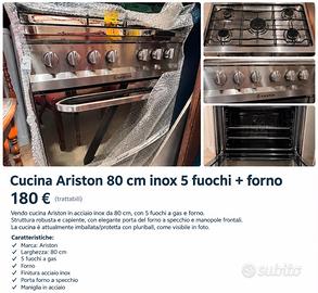 Cucina Ariston 80 cm inox 5 fuochi + forno