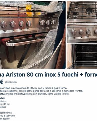 Cucina Ariston 80 cm inox 5 fuochi + forno