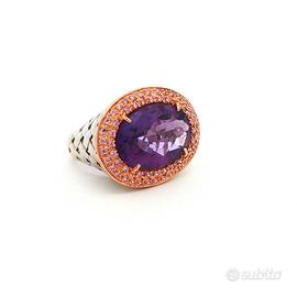 Anello in oro 18 kt con ametista e diamanti rosa