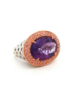 Anello in oro 18 kt con ametista e diamanti rosa