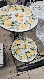 Set Tavolo Tondo Ferro Mosaico Limoni con 2 Sedie 