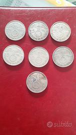 7 monete da 5 marchi svastica argento 900