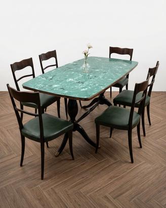 Tavolo in Vetro Verde e 6 Sedie in Legno/Skai