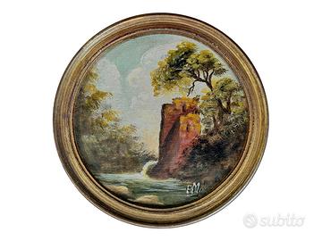 Miniatura dipinto paesaggio tondo vintage