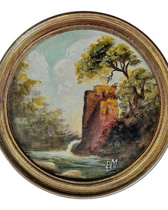 Miniatura dipinto paesaggio tondo vintage