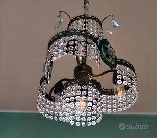Lampadario a cesto in cristallo e ottone