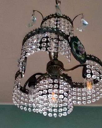 Lampadario a cesto in cristallo e ottone