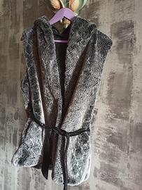 Eco ecopelliccia cappuccio e cintura Grigio/Nero