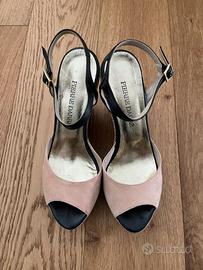 Zeppe alte pelle scamosciata rosa e lino