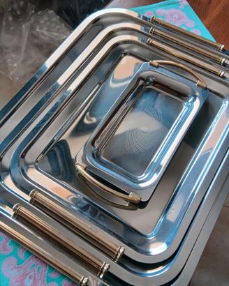 4 Vassoi Mepra Inox Vintage con Manici in Ottone
