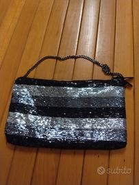 Borsa a tracolla con paillettes nero e Argento 