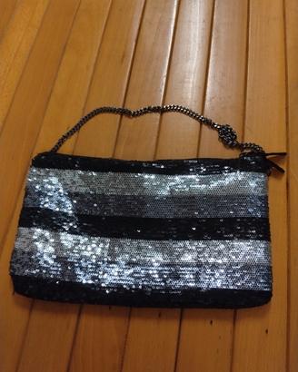 Borsa a tracolla con paillettes nero e Argento 