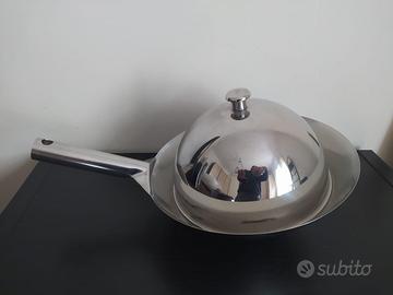 Wok padella con coperchio in acciaio