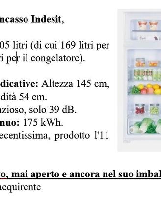 NUOVO Frigorifero doppia porta da incasso Indesit,