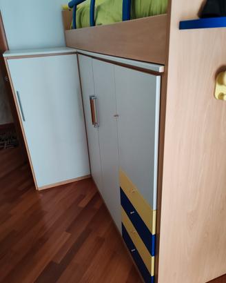 cameretta bambino letto a soppalco sopra armadio 