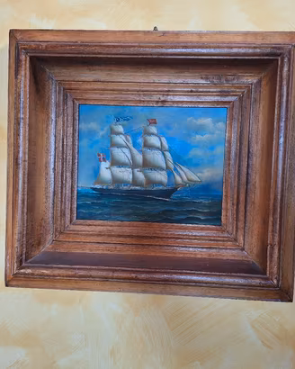Quadro dipinto olio Veliero con cornice legno