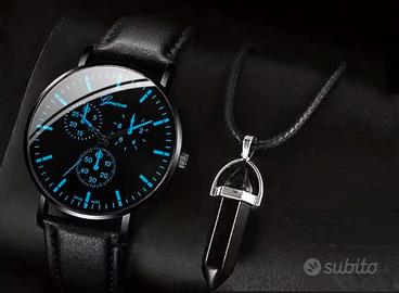 Orologio al quarzo on cinturino in pelle + Collana