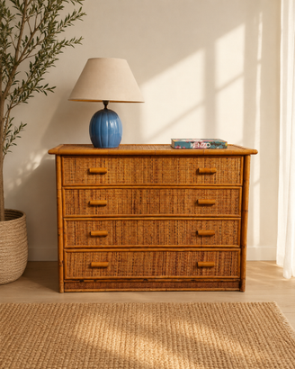 Cassettone vintage anni 70 bamboo e vimini