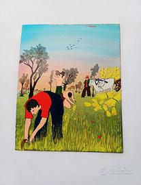 Quadro Naif Paolo Canova - Mietitura anni 70/80
