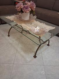 Tavolino da salotto in vetro e ferro battuto