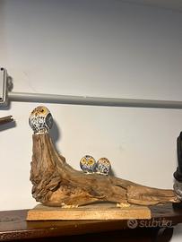 Scultura artigianale “Famiglia di Gufi” su legno
