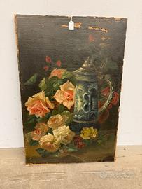 Antico dipinto olio su tela di gusto Liberty natur