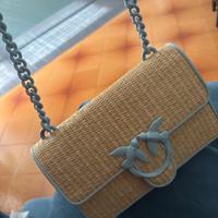 Borsa pinko in rafia beige e celeste