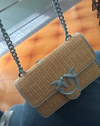 Borsa pinko in rafia beige e celeste