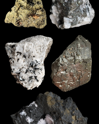 Epidoto, Pirite, Ematite, Calcopirite, Aragonite