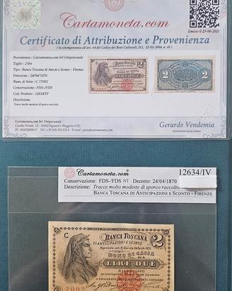Banconota 2 lire Banca Toscana Firenze  1870