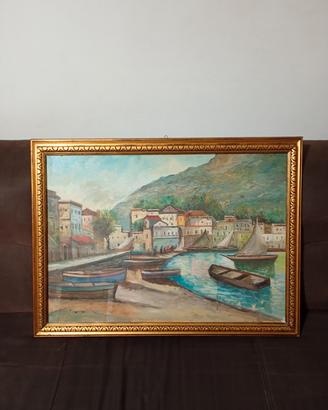 Dipinto a olio "Marina con porticciolo" 