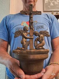 ACQUASANTIERA D'EPOCA BRONZO OTTONE SCULTURA CROCE