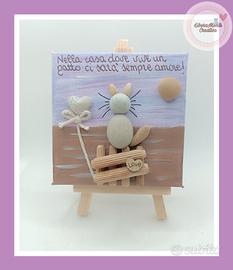 Quadretto con sassi Casa con Gatto - Handmade