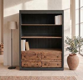 Libreria dispensa blu con cassettiera legno noce