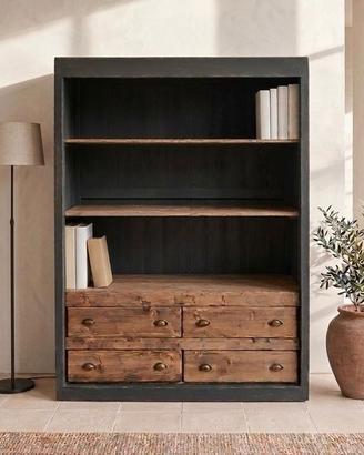 Libreria dispensa blu con cassettiera legno noce